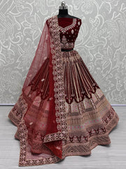 Awesome Dark Maroon Velvet Bridal Lehenga Choli With Dupatta - Ethnic Plus In