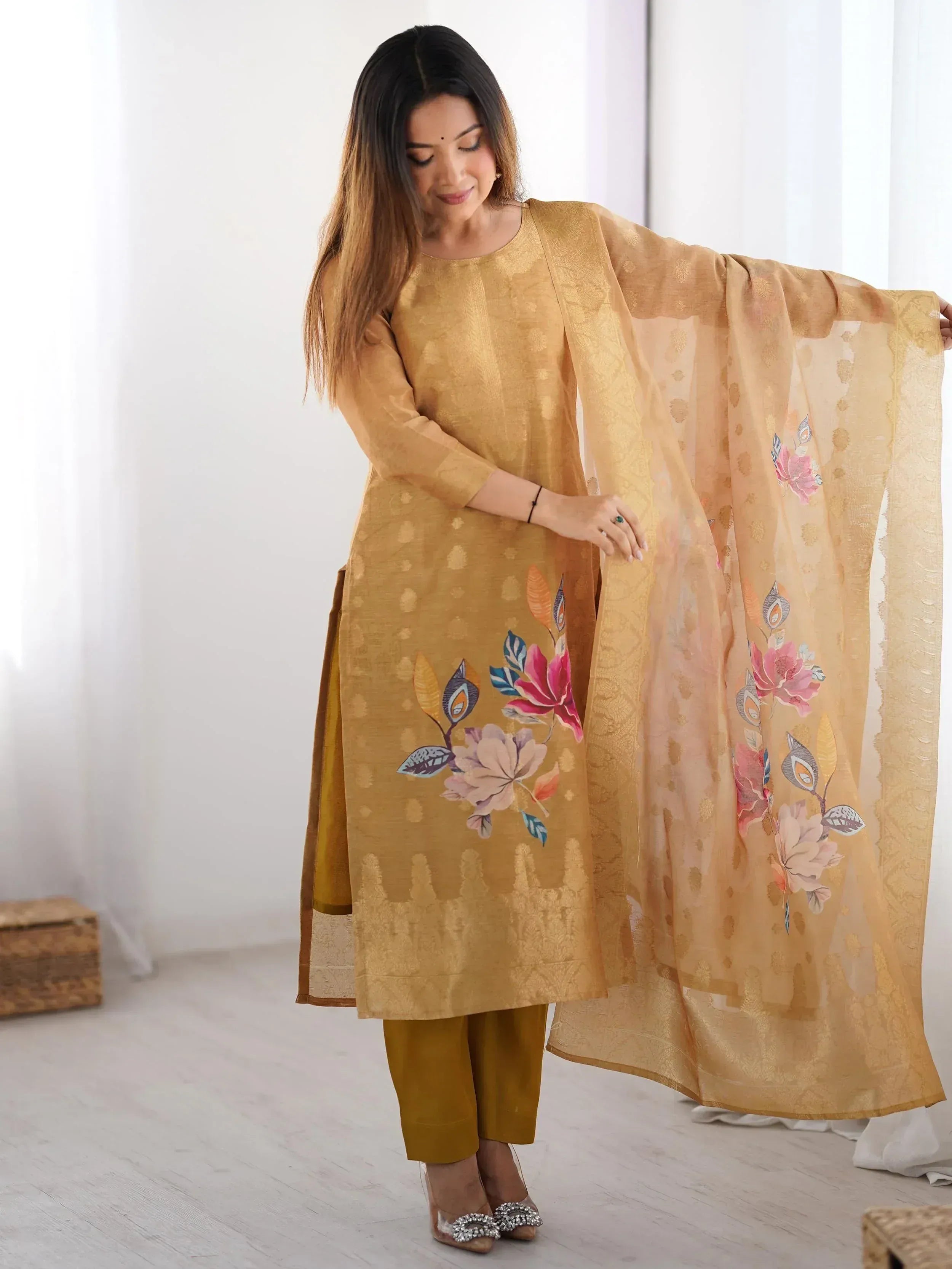 Mustard yellow floral printed salwar kameez with matching dupatta, ethnic Indian wear for women