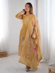 Awesome Mustard Gold Chanderi Jacquard Work Festival Wear Straight Suit - Ethnic Plus In