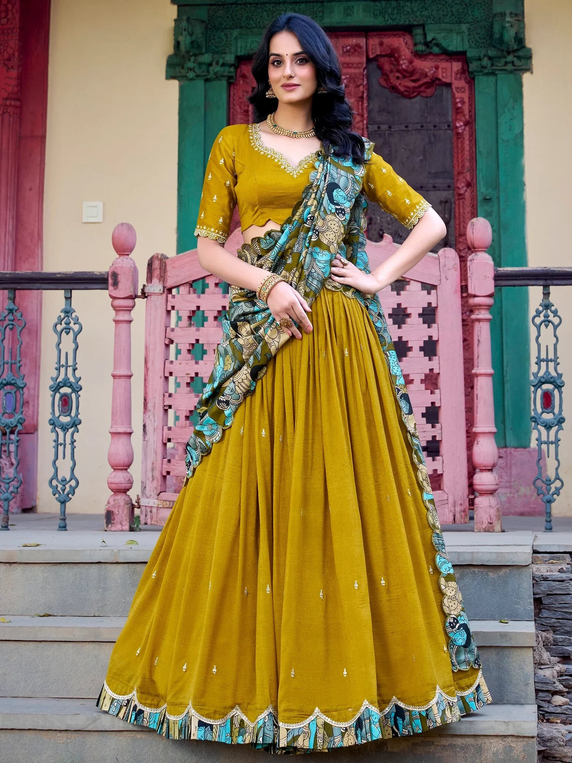 Mustard yellow lehenga choli with printed dupatta, ethnic Indian wear for women
