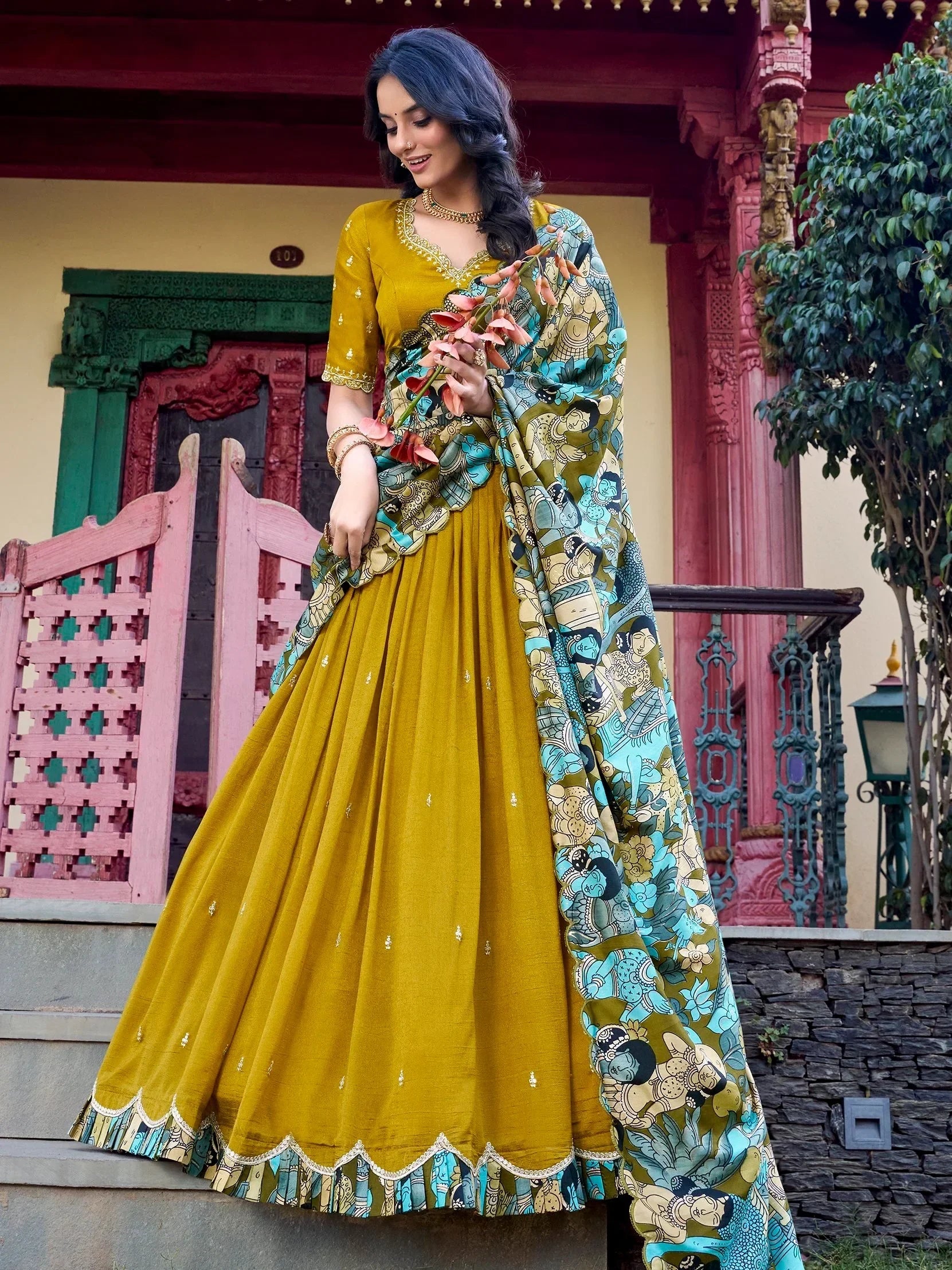 Mustard yellow lehenga choli with printed dupatta, ethnic Indian wear for women