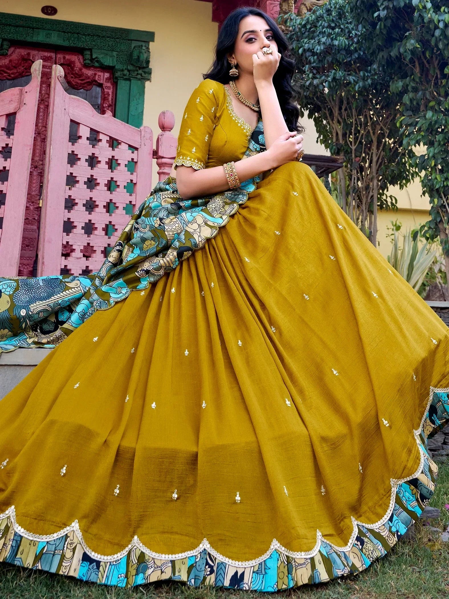 Mustard yellow lehenga choli with printed dupatta, ethnic Indian wear for women
