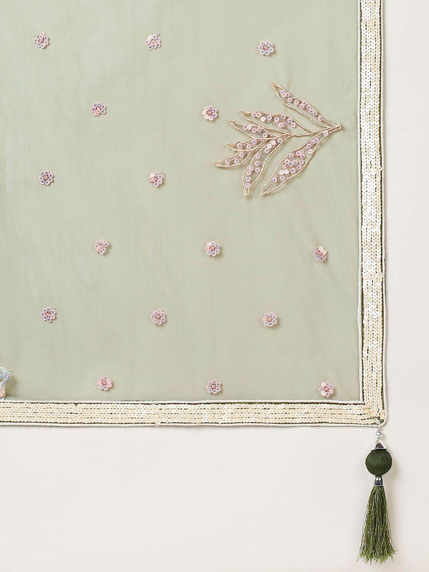 Mint green ethnic dupatta with floral sequin embroidery, beaded border, and tassel detail
