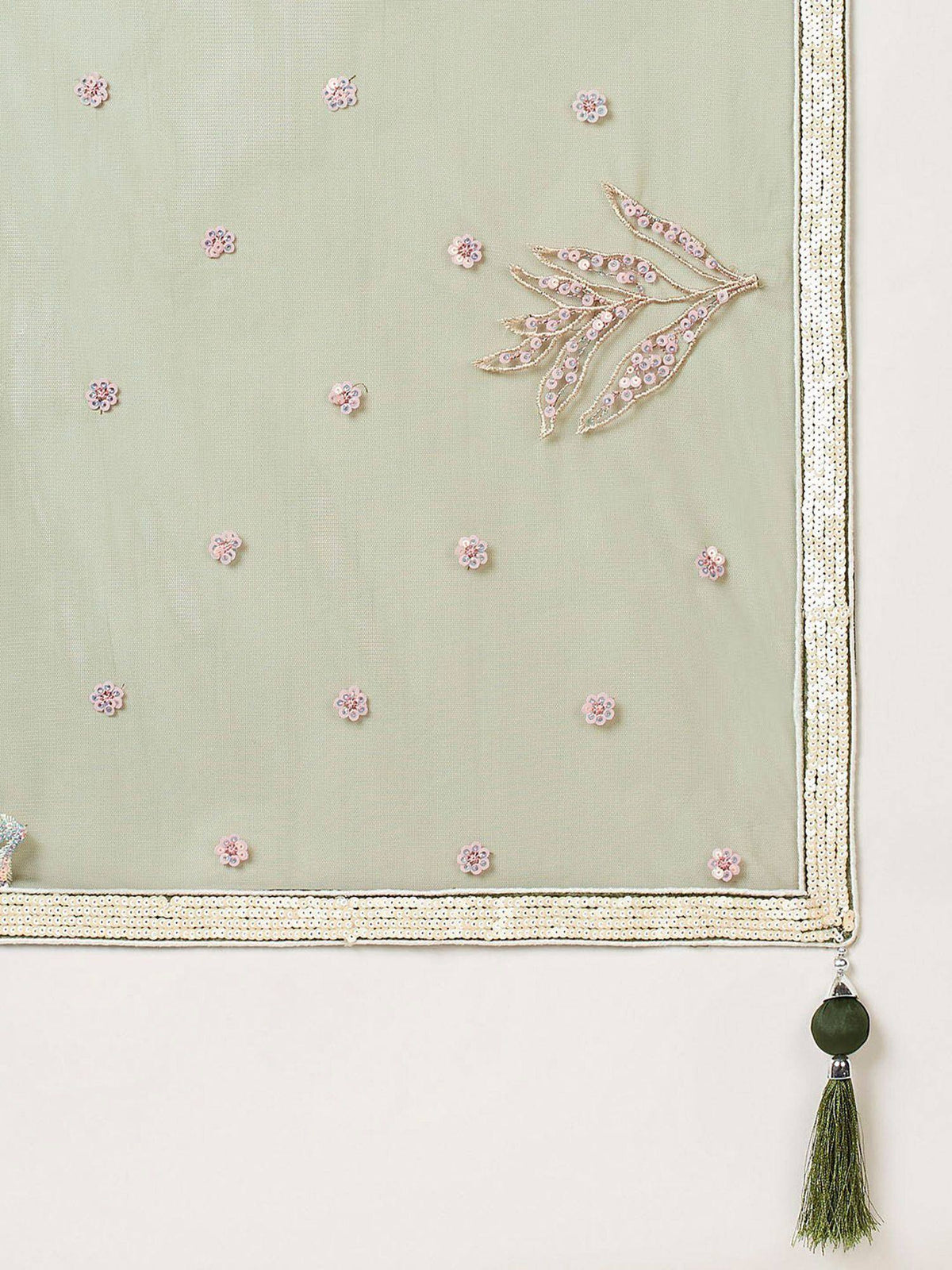 Mint green ethnic dupatta with floral sequin embroidery, beaded border, and tassel detail