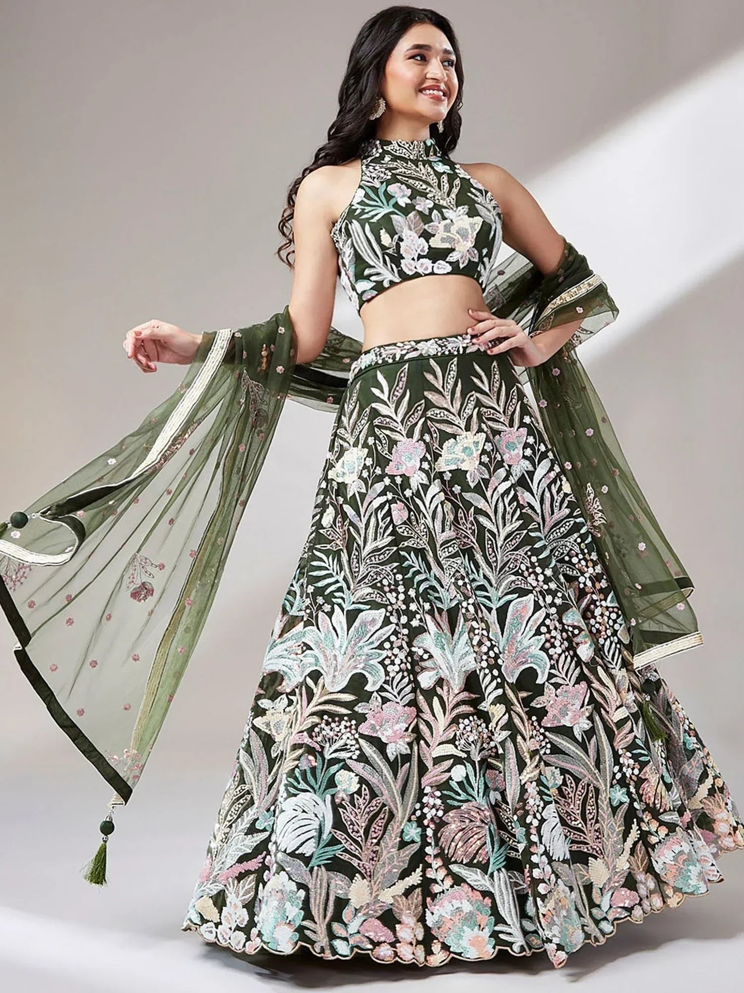 Green floral embroidered lehenga choli with sheer dupatta, Indian ethnic wear for women
