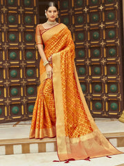 Awesome Orange Zari Weaving Silk Traditional Saree With Blouse - Ethnic Plus In