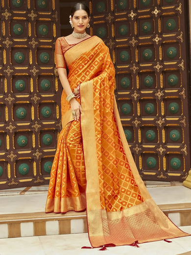Awesome Orange Zari Weaving Silk Traditional Saree With Blouse - Ethnic Plus In