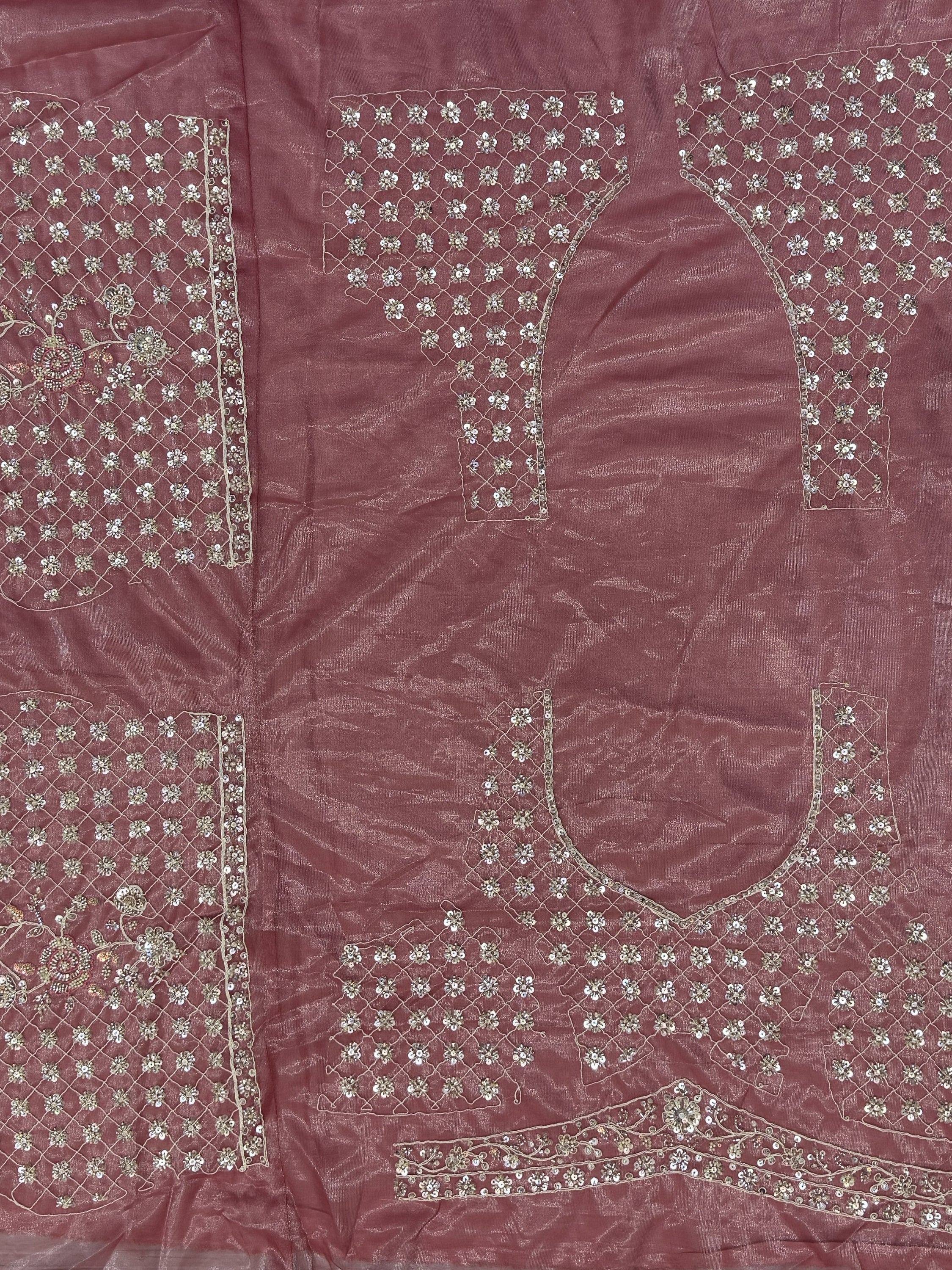 Dusty rose ethnic blouse fabric with intricate silver floral embroidery and sequin detailing for designer wear
