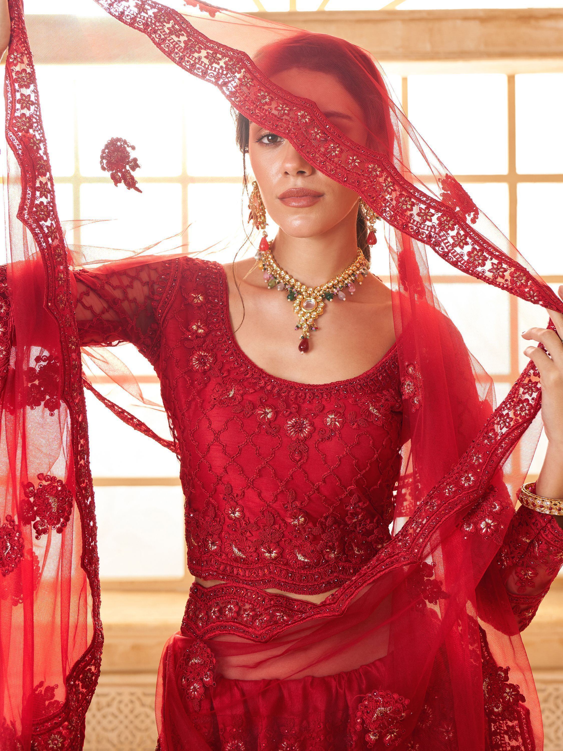 Red embroidered lehenga choli with sheer dupatta, perfect for Indian weddings and festive occasions.