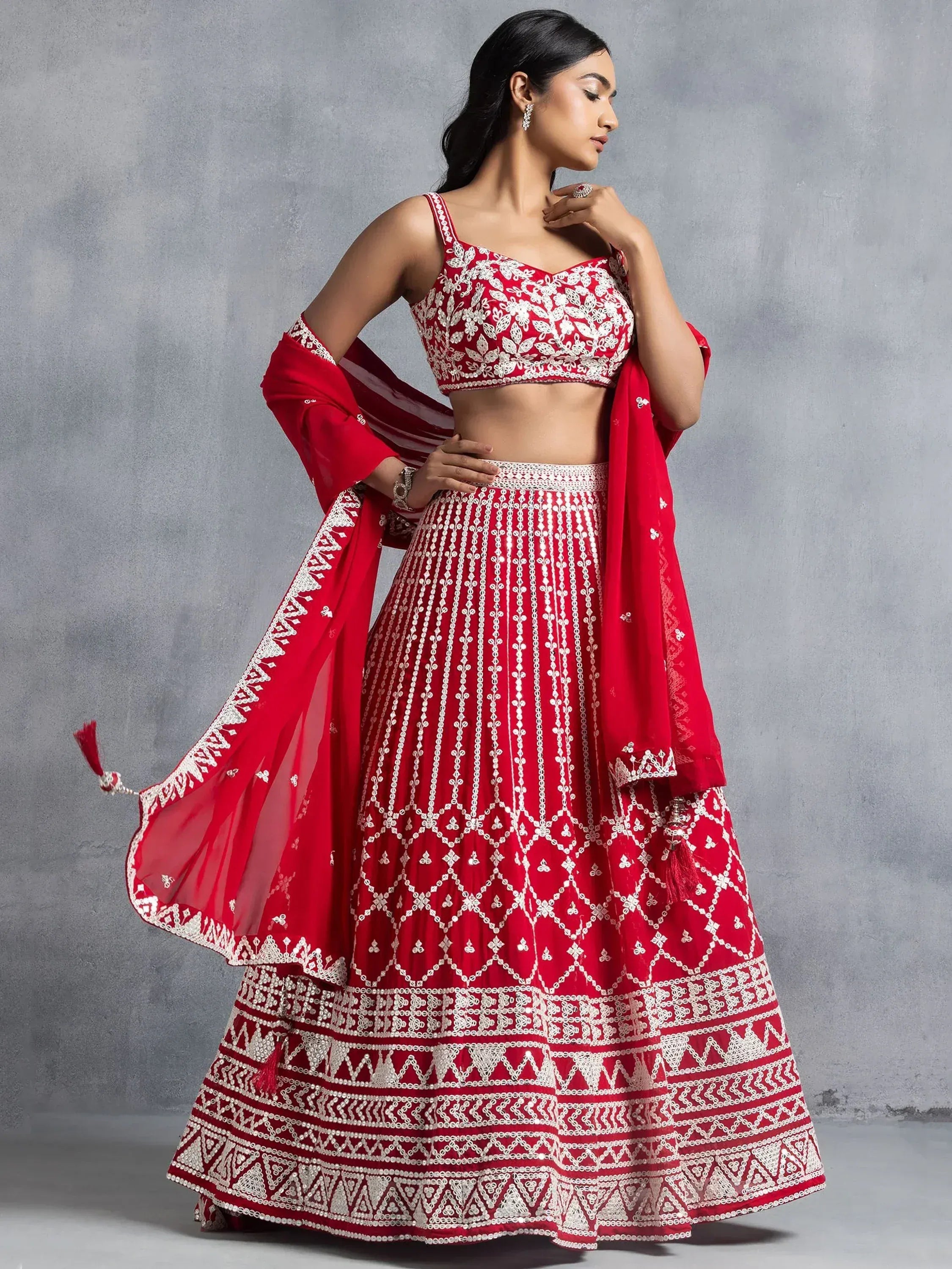 Red and white embroidered lehenga choli with dupatta, Indian ethnic wear for women