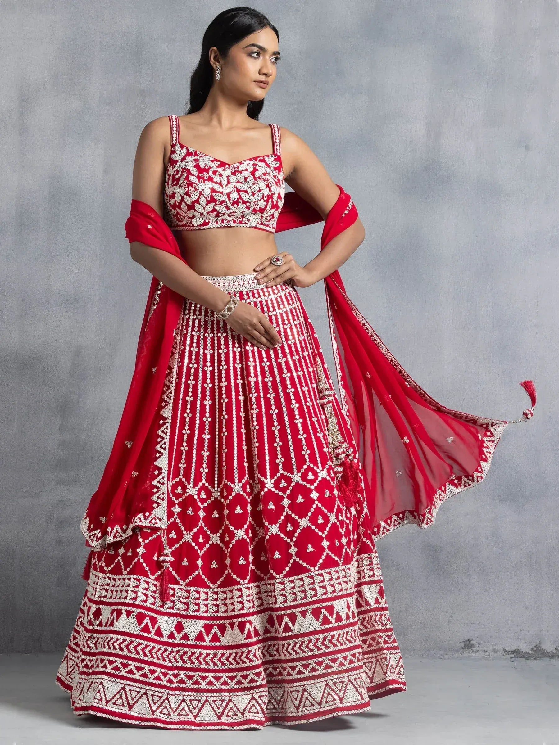 Red and white embroidered lehenga choli with dupatta, Indian ethnic wear for weddings and festivals