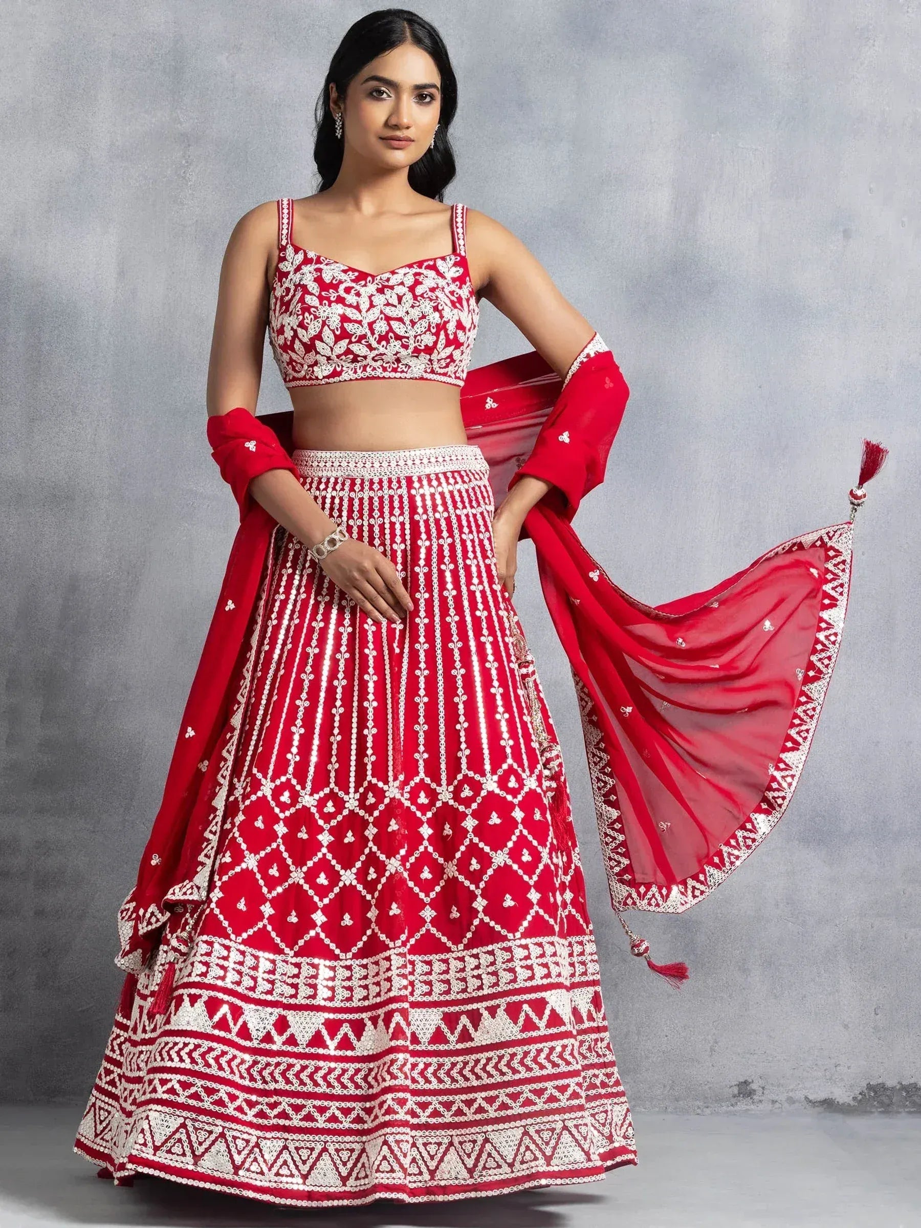 Red and white embroidered lehenga choli with dupatta, Indian ethnic wear for women