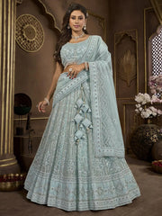 Awesome Sky - Blue Embroidered Net Wedding Wear Lehenga Choli - Ethnic Plus In