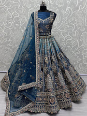 Awesome Teal Blue Embroidered Velvet Bridal Lehenga Choli With Dupatta - Ethnic Plus In