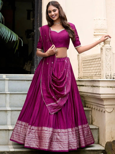 Awesome Wine Zari Weaving Chanderi Silk Festive Wear Lehenga Choli - Ethnic Plus In