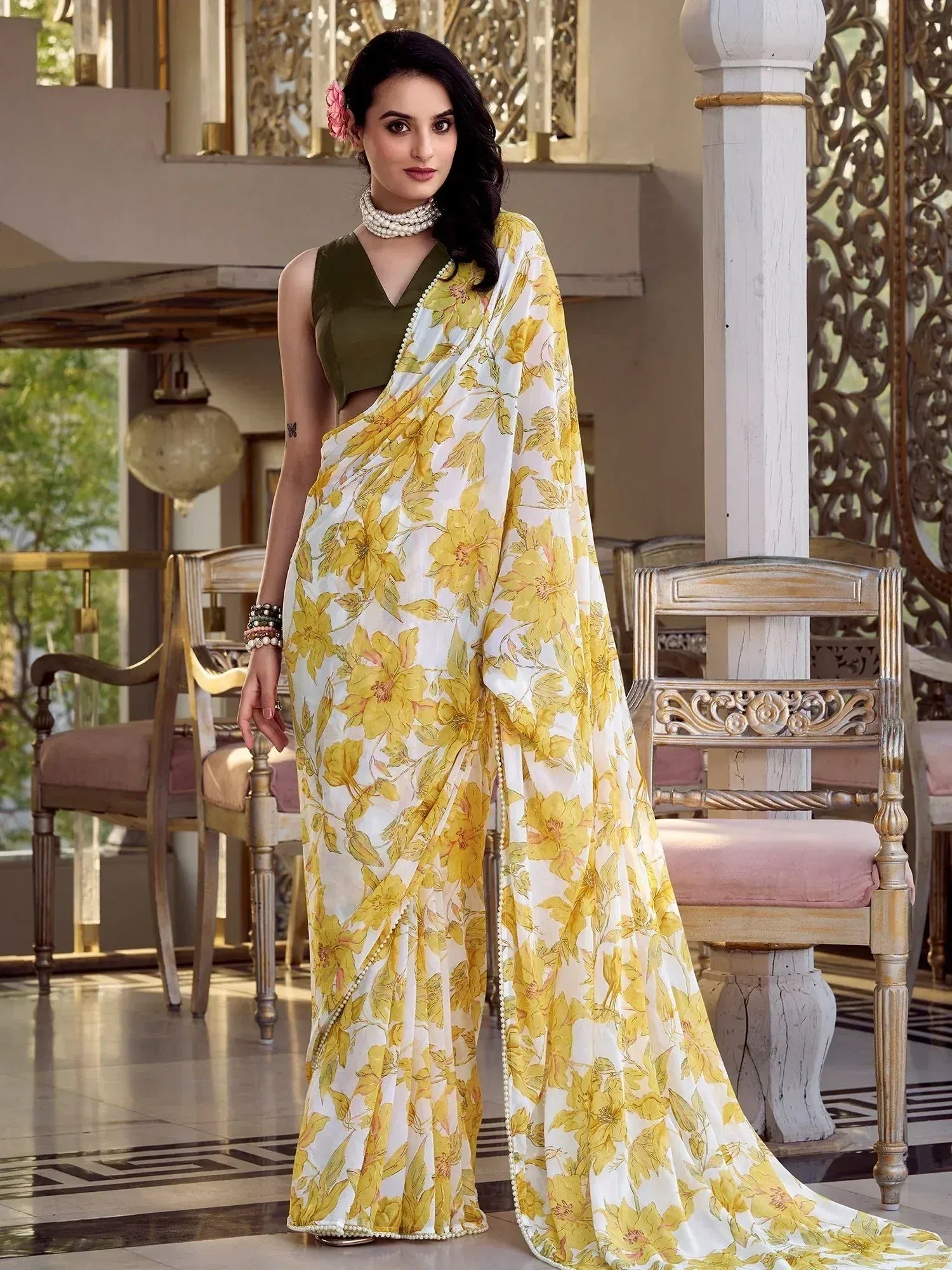 Yellow floral print saree with olive green blouse, elegant ethnic wear for women