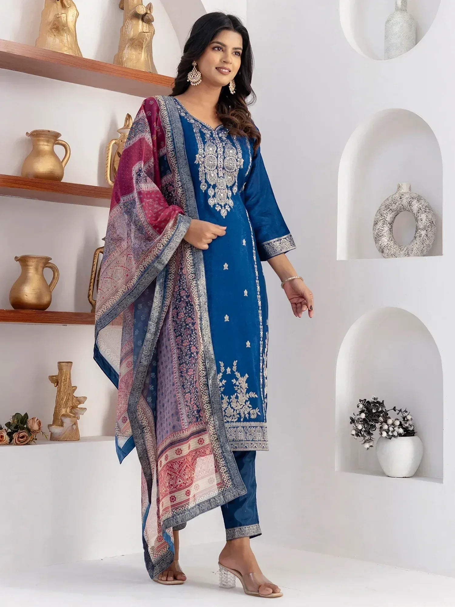 Blue embroidered salwar kameez with printed dupatta, Indian ethnic wear for women