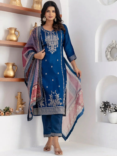 Awesome Blue Zari Weaving Jacquard Traditional Pant Suit With Dupatta