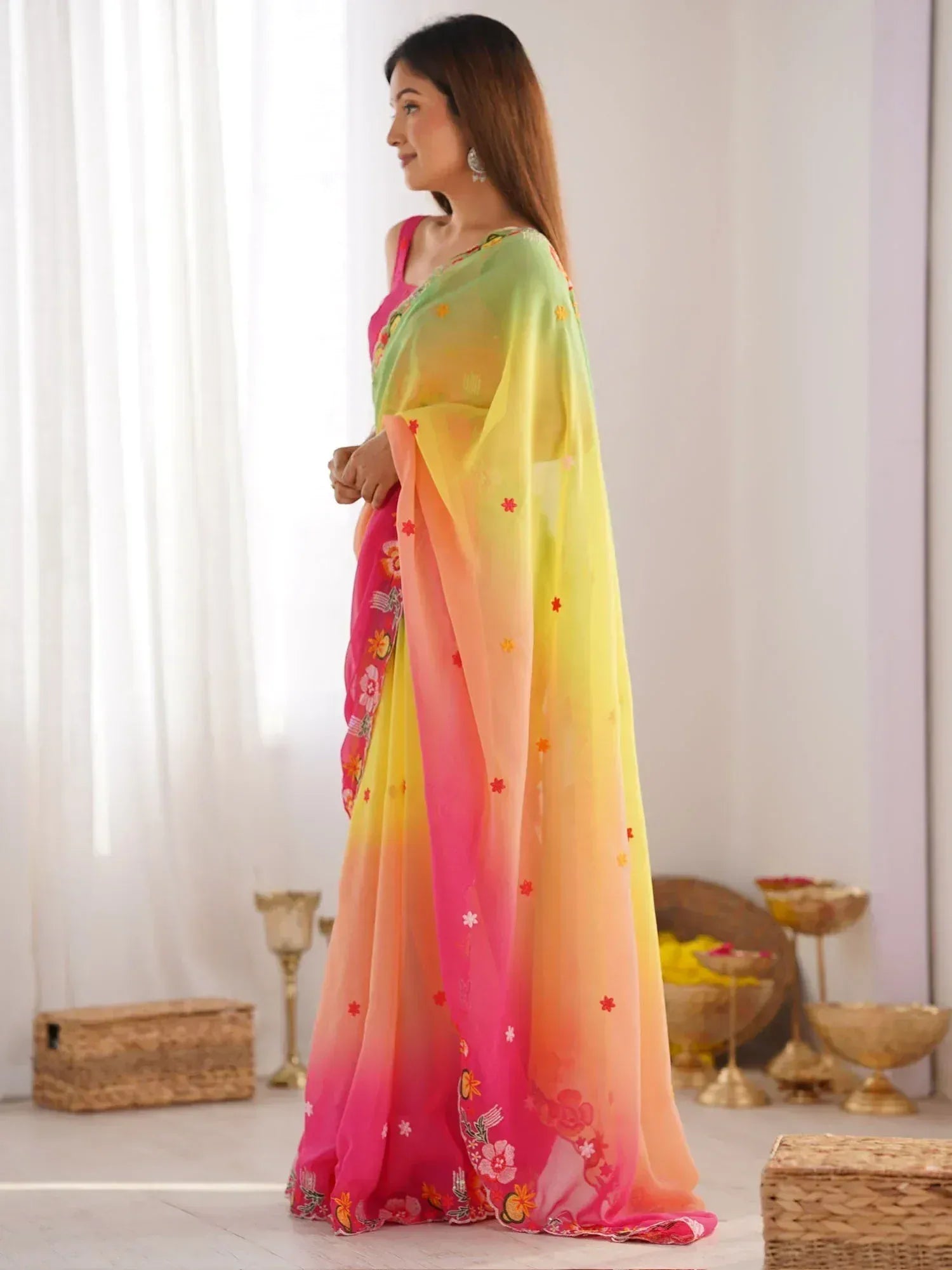 Vibrant gradient saree with floral embroidery, perfect for Indian ethnic wear occasions