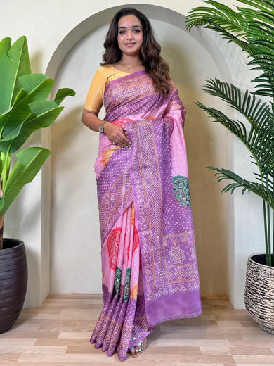 Awesome Purple Bandhani Printed Tissue Silk Casual Wear Saree