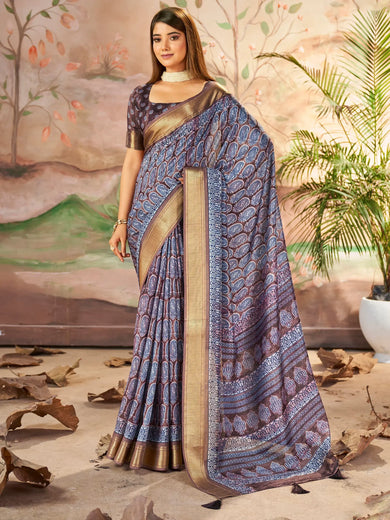 Awesome Purple Printed Dola Silk Festival Wear Saree With Blouse