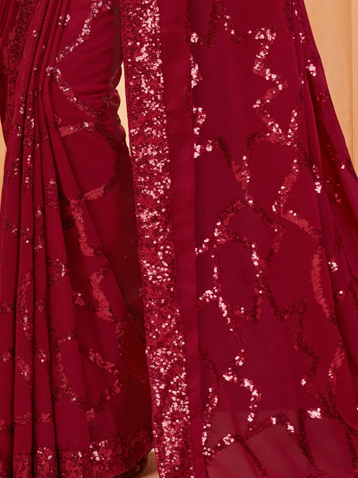 Red sequin lehenga choli with geometric patterns, Indian ethnic wear