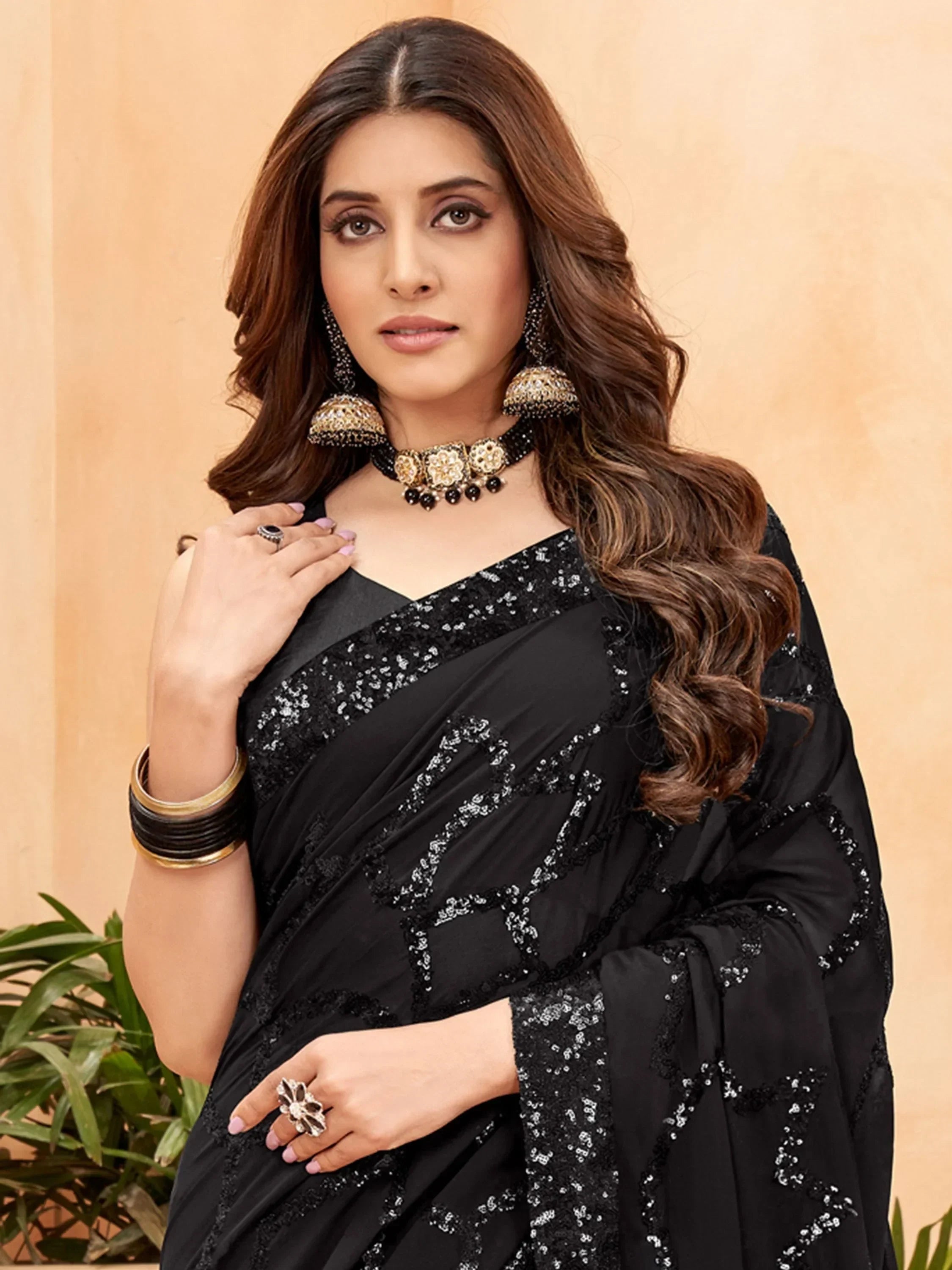 Fabulous Black Sequins Georgette Reception Wear Saree With Blouse