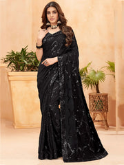 Fabulous Black Sequins Georgette Reception Wear Saree With Blouse