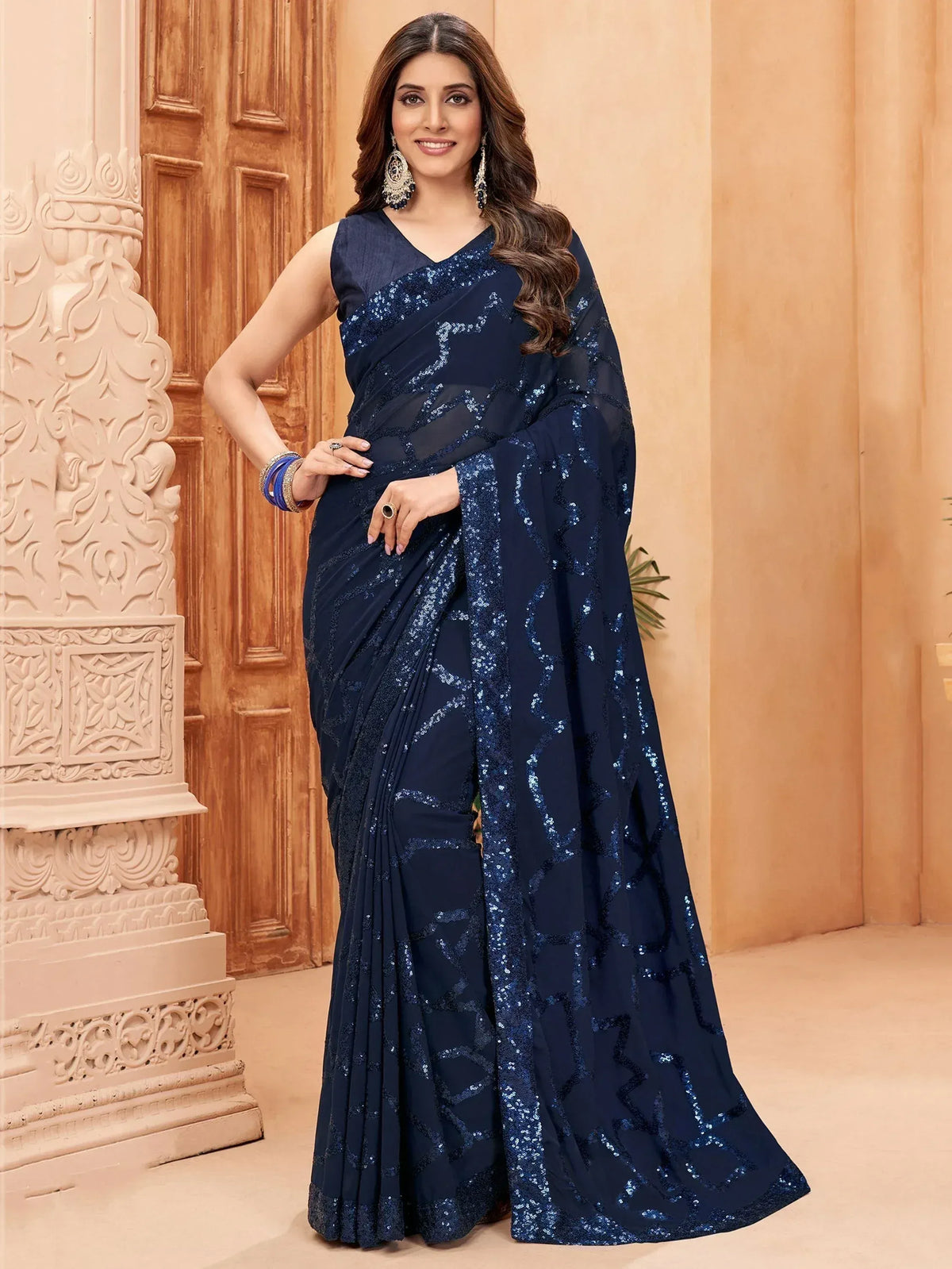 Navy blue sequin saree with geometric pattern, ethnic wear for women, stylish Indian saree