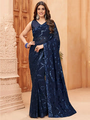 Stunning Navy Blue Sequins Georgette Party Wear Saree With Blouse
