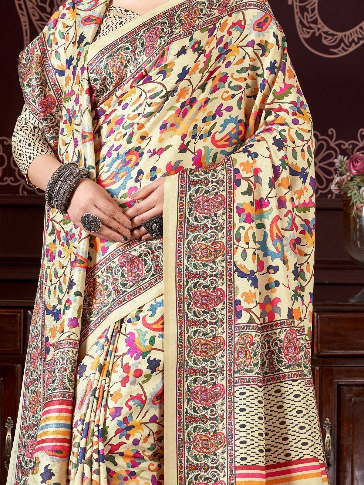 Cream floral printed saree with paisley border, ethnic Indian wear