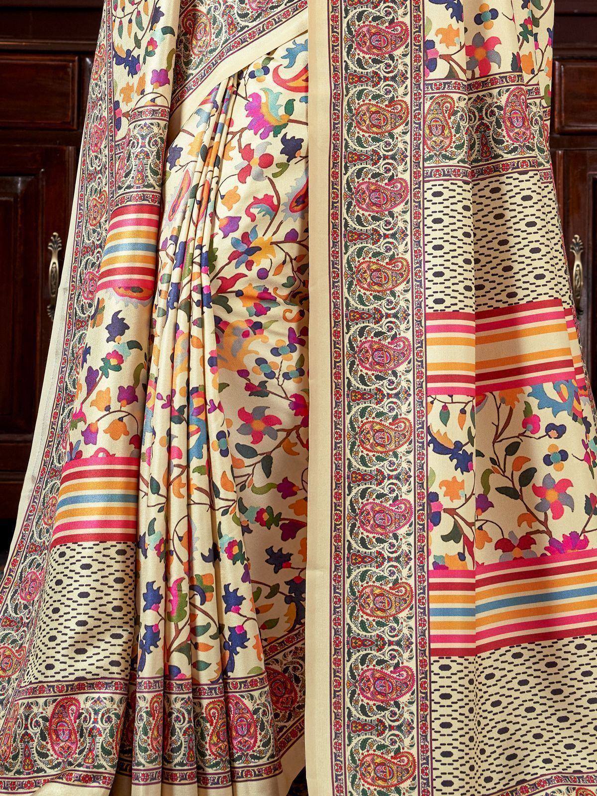 Cream floral and paisley printed saree with colorful border, ethnic Indian wear