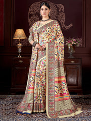 Wonderful Cream Printed Pashmina Festival Wear Saree With Shawl