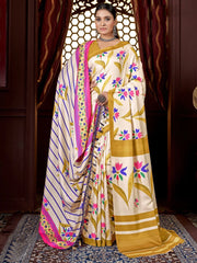 Attractive Off-White Printed Pashmina Traditional Saree With Shawl