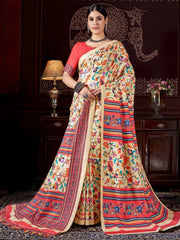 Alluring Beige Printed Pashmina Event Wear Saree With Shawl