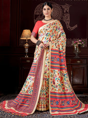 Alluring Beige Printed Pashmina Event Wear Saree With Shawl