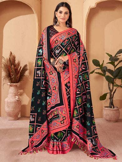 Glamorous Black Printed Pashmina Festival Wear Saree With Shawl