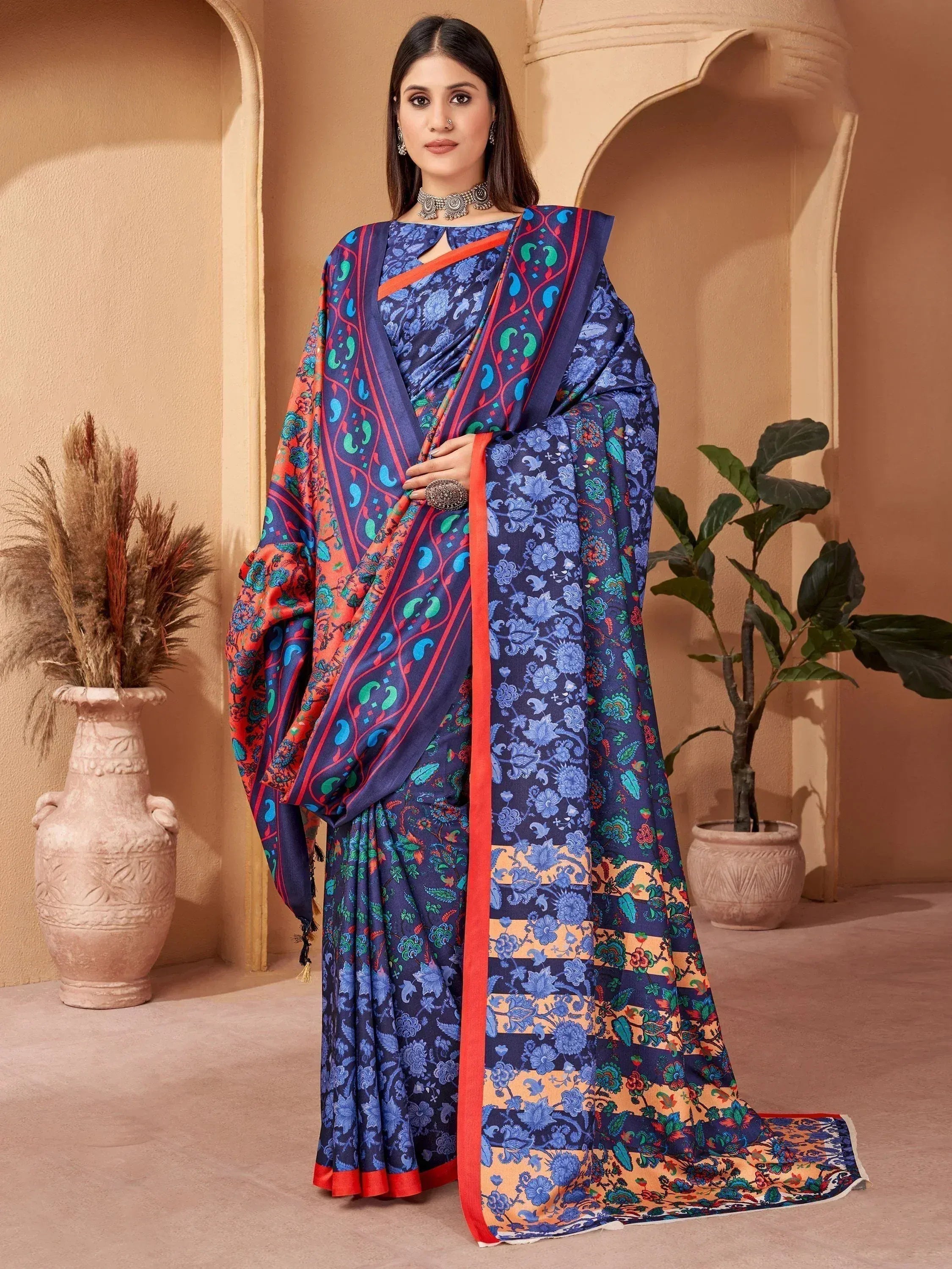 Blue floral printed saree with orange border, ethnic Indian wear for women