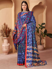 Awesome Navy Blue Printed Pashmina Event Wear Saree With Shawl