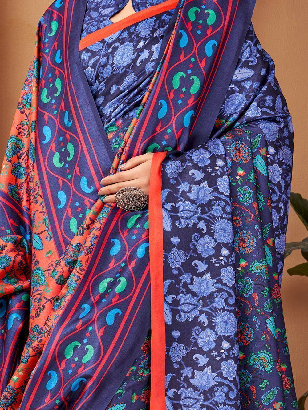 Blue floral saree with orange border and paisley print, Indian ethnic wear
