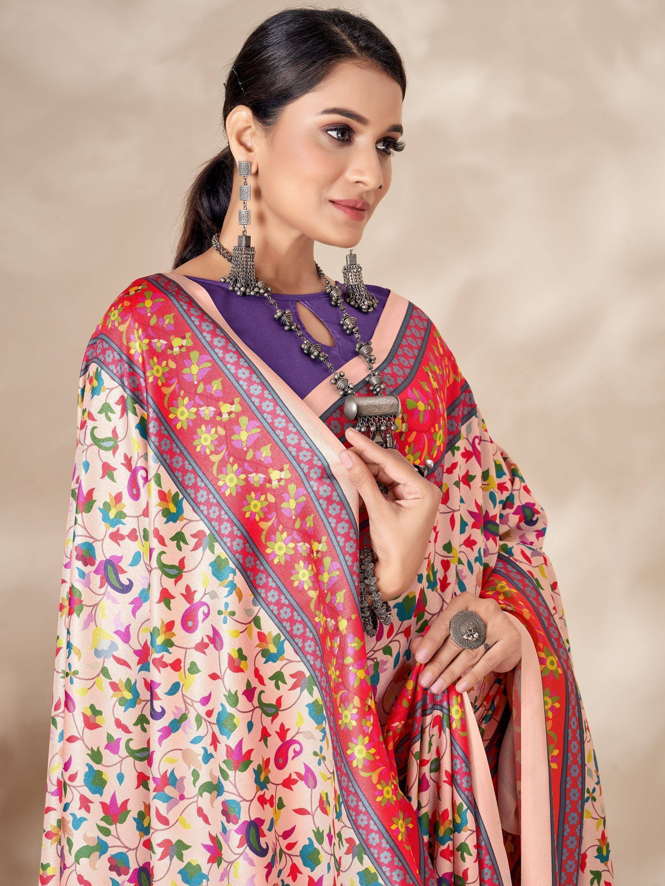 Woman in colorful floral saree with purple blouse, traditional Indian ethnic wear, perfect for festive occasions