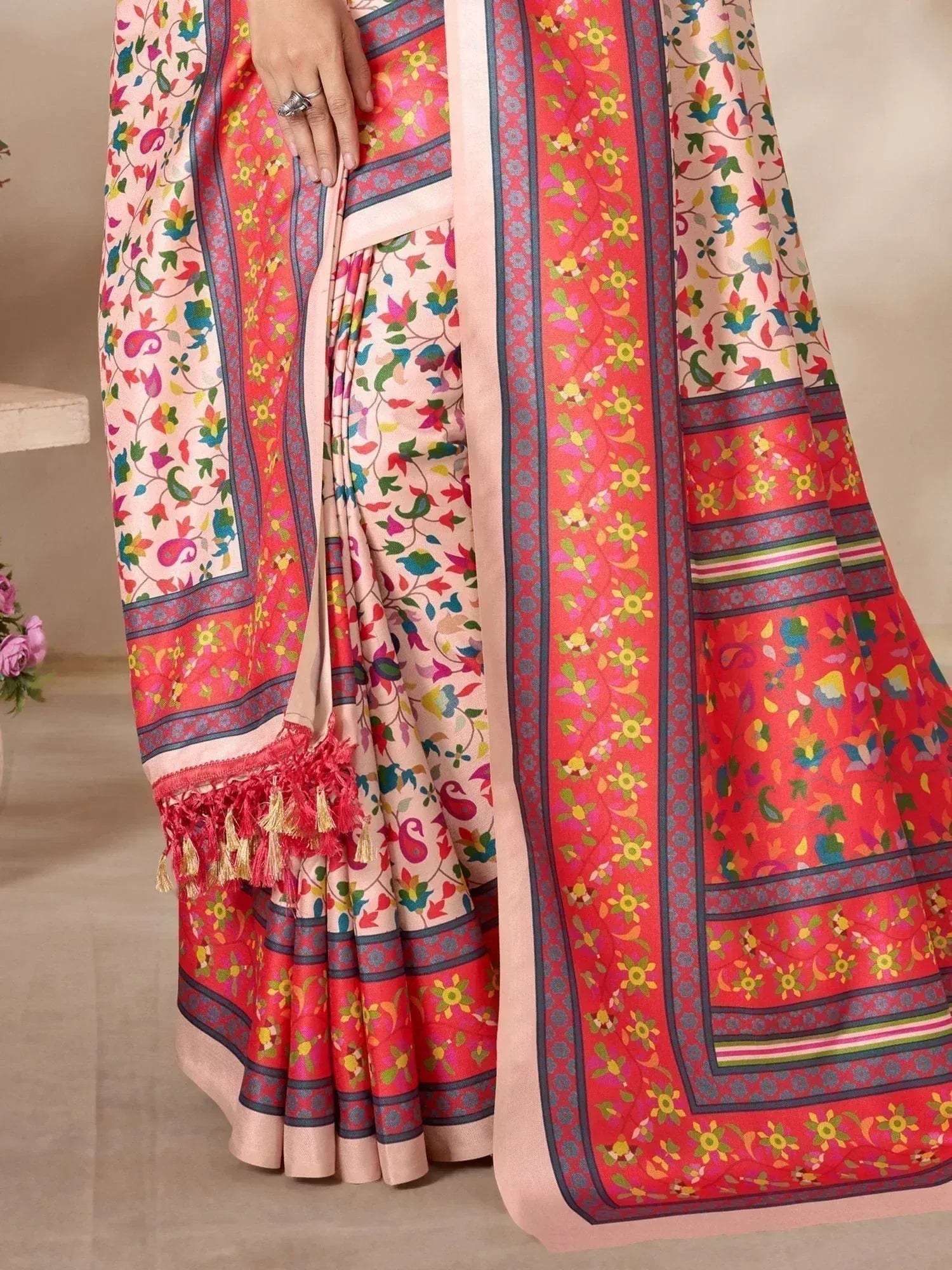 Colorful floral printed saree with red border and tassels, Indian ethnic wear