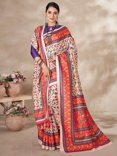 Beautiful Peach Printed Pashmina Traditional Saree With Shawl
