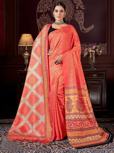 Incredible Orange Printed Pashmina Event Wear Saree With Shawl