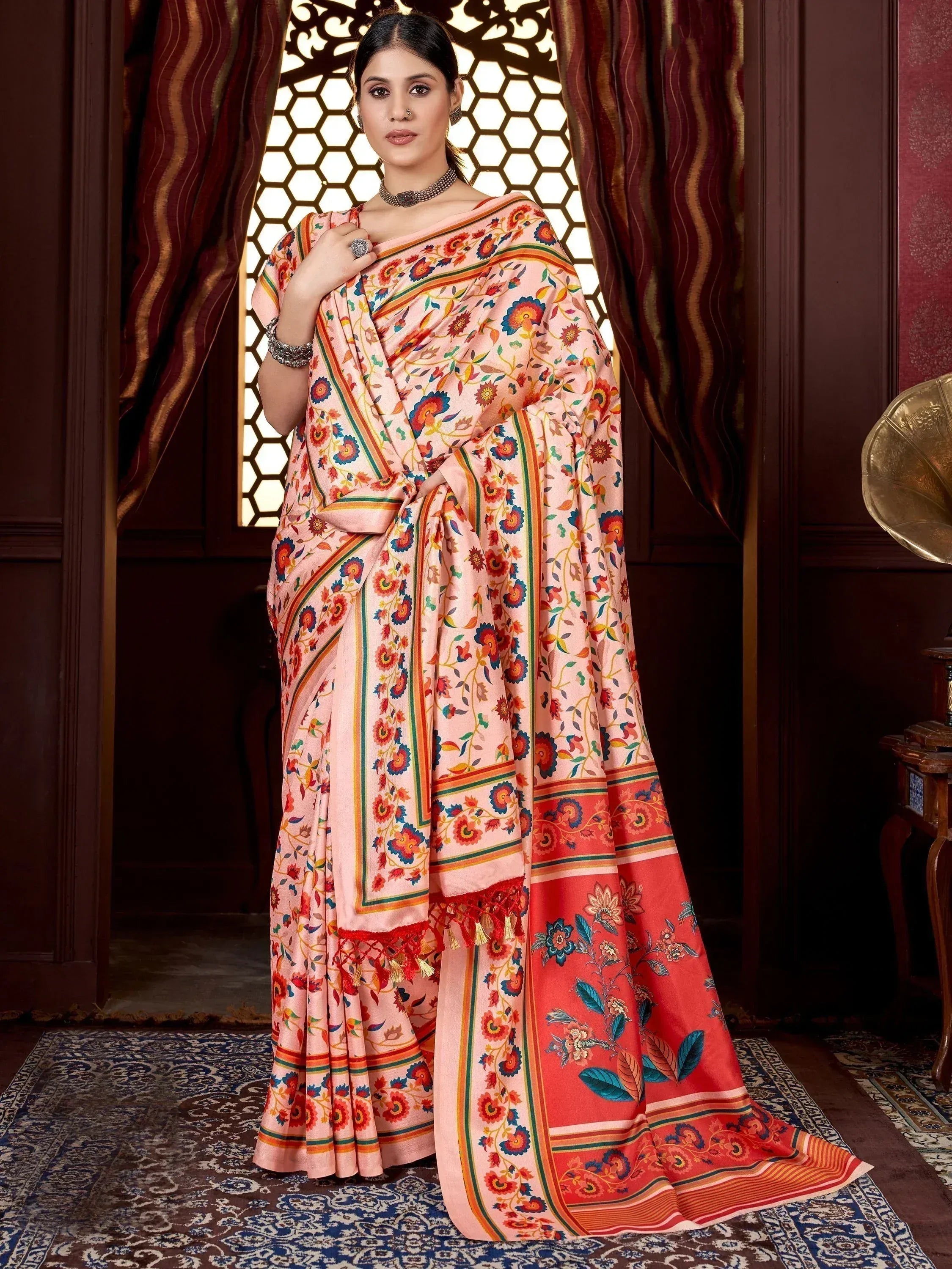 Pink floral printed saree with colorful border, ethnic Indian wear for women
