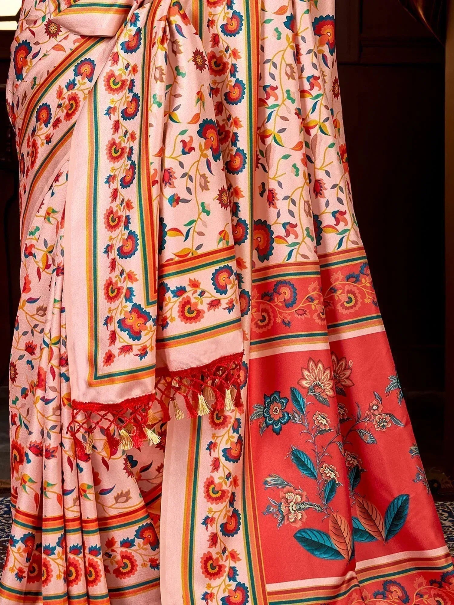 Pink and red floral printed saree with colorful borders and tassels, Indian ethnic wear