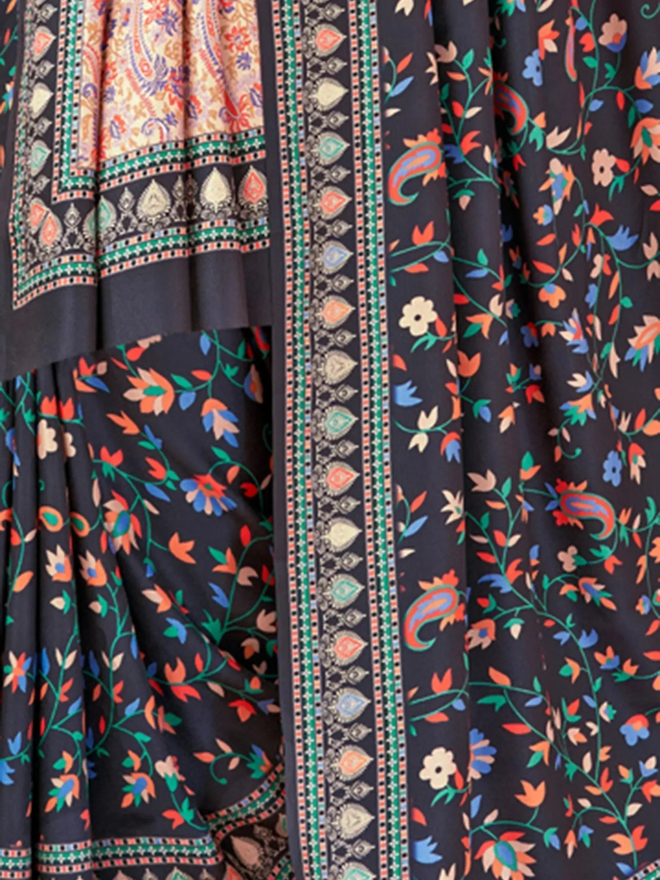 Black floral and paisley print Indian ethnic gown with detailed border design