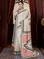 Amazing Off-White Digital Printed Pashmina Event Wear Saree With Shawl