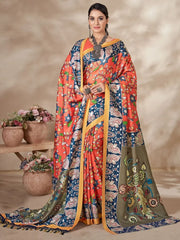 Marvelous Orange Digital Printed Pashmina Traditional Saree With Shawl