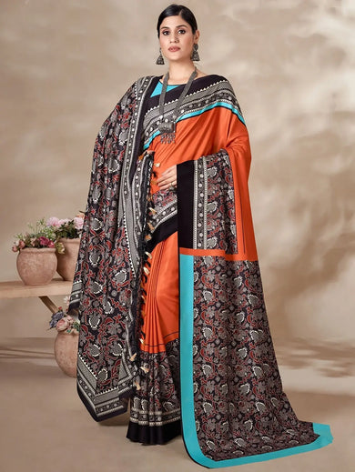 Attractive Orange Digital Printed Pashmina Winter Wear Saree With Shawl